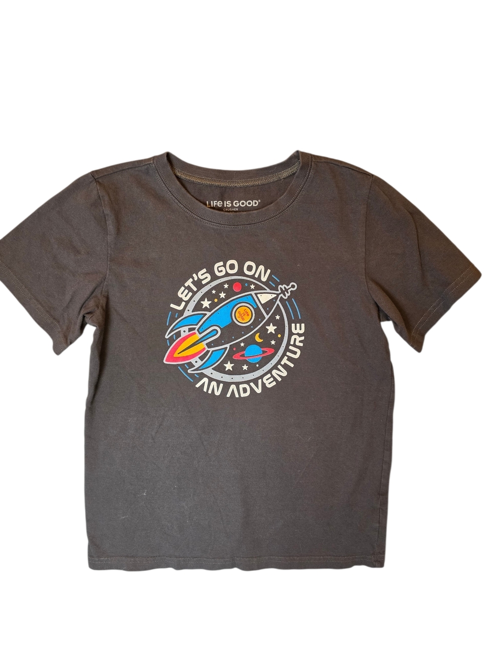 Life is Good Kids' Tee Shirt XL Dark Gray 'Let's Go On An Adventure' Rocket